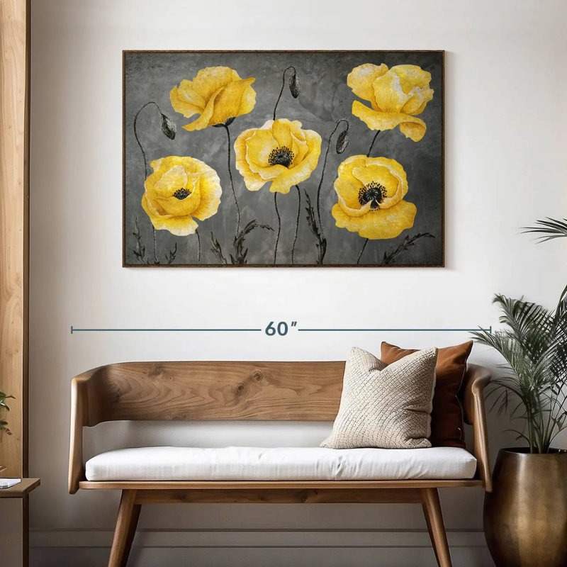 Coquelicots jaunes, 46 po x 31 po, Cadre flottant en noyer