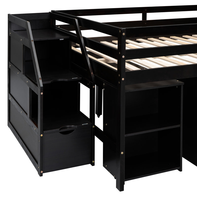 Lit mezzanine double avec 3 tiroirs, bureau et tablettes rétractables, pour une expérience supérieure