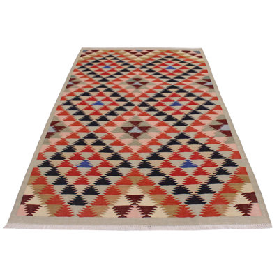 Madee Geometric Handmade Rectangle 4'7" x 6'5" Wool Area Rug in Black/Pink/Red