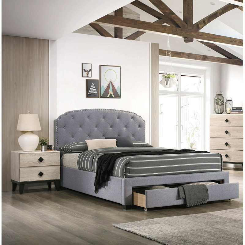Mobilier de chambre à coucher avec cadre de lit capitonné en tissu et toile de jute gris anthracite, Lit double, Gris clair