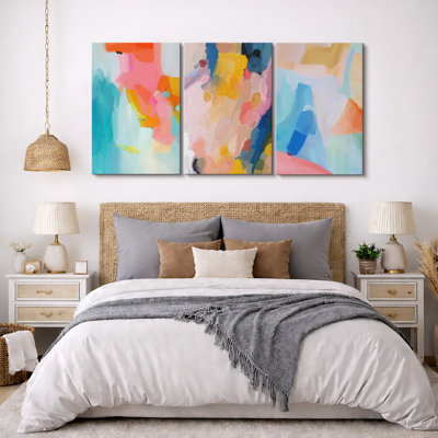 Vibrant Multicolor Paint Stroke Shapes Abstract Colourful Decor Framed On Canvas 3 Pieces Print