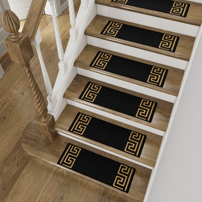 Antidérapant, non adhésif, durable, résistant aux taches, lavable 8,5 po x 26 po Tapis d'escalier pour améliorer la sécurité, protéger les escaliers et réduire le bruit. Design contemporain à clé grecque