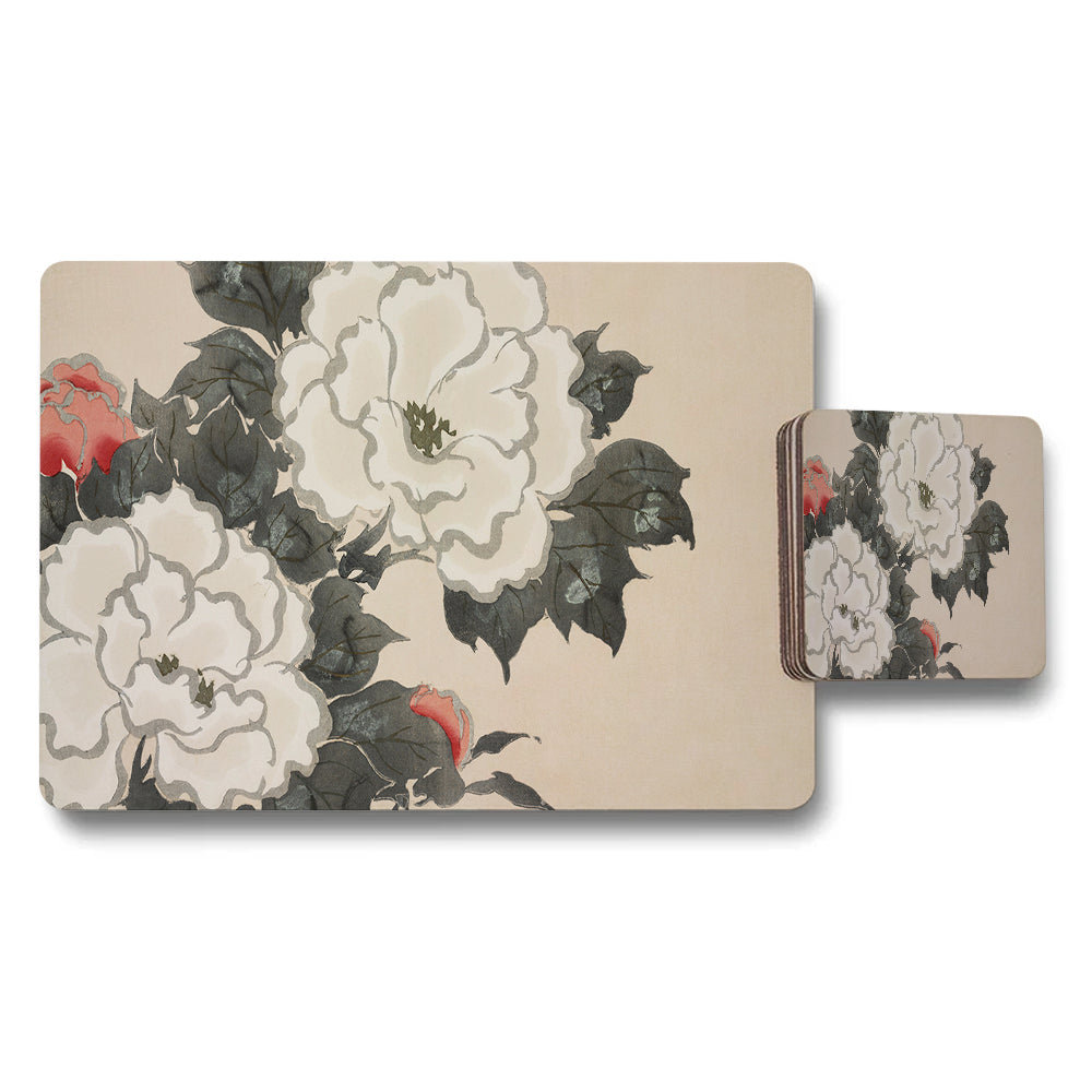 Floral Peony Placemats And Coaster Set Beige Background
