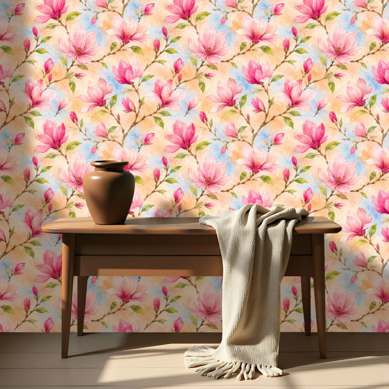 Papier peint auto-adhésif avec fleurs de magnolia rose auto-adhésif et amovible 17,7 po x 118 po (45 x 300 cm)