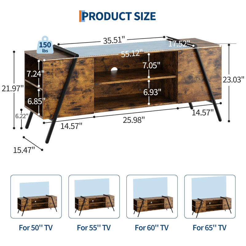 Meuble télé 55 pouces avec pieds en U et tablette centrale avec console média en bois et armoire de rangement ouverte pour le salon