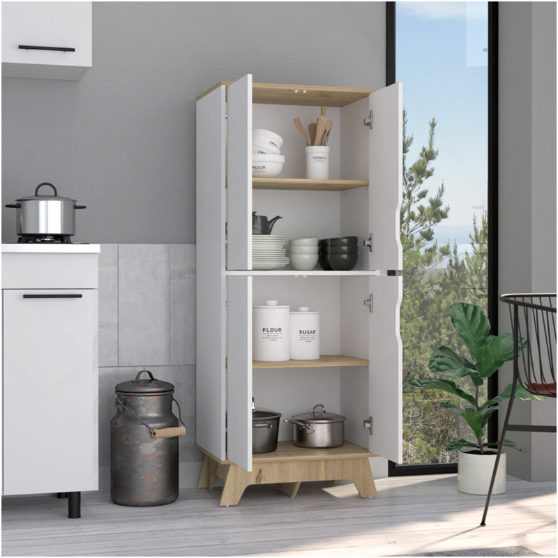 Armoire à rangement multiple H 59 po, quatre portes, quatre tablettes internes, chêne clair / blanc