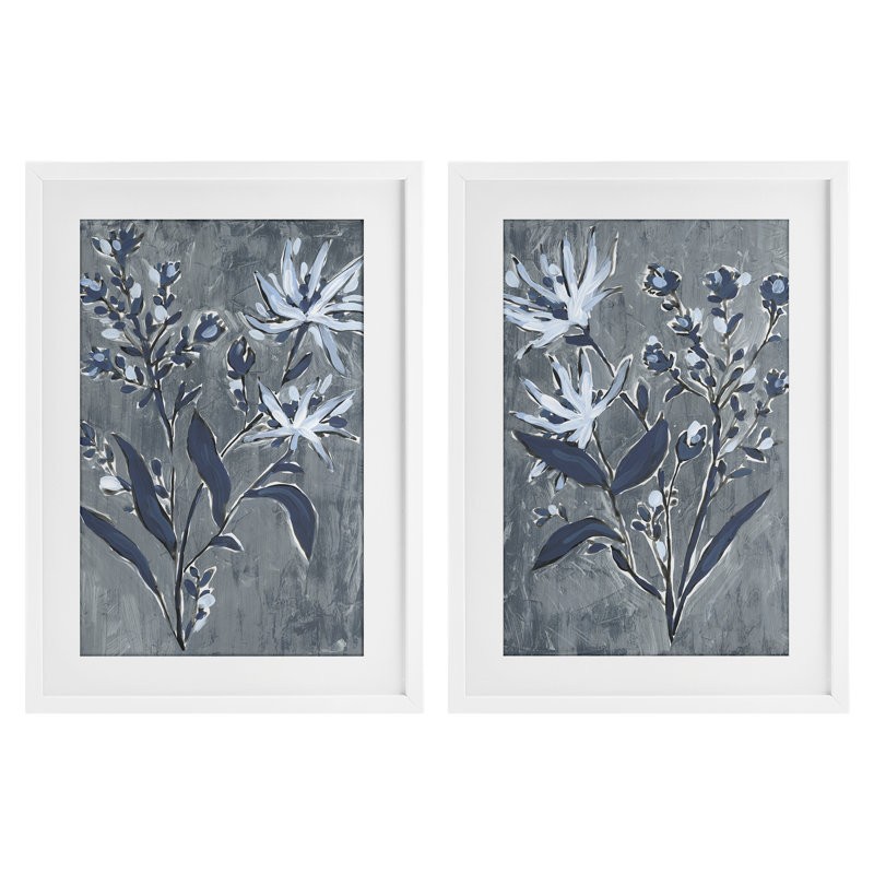 Ensemble de 2 reproductions encadrées sous-verre à motif de brindilles bleu marine, design par June Erica Vess