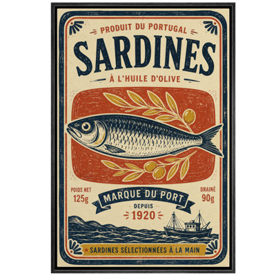 Affiche rétro de sardine portugaise avec bateau branche d'olivier et humeur de marché côtier, reproduction d'art sur toile encadrée