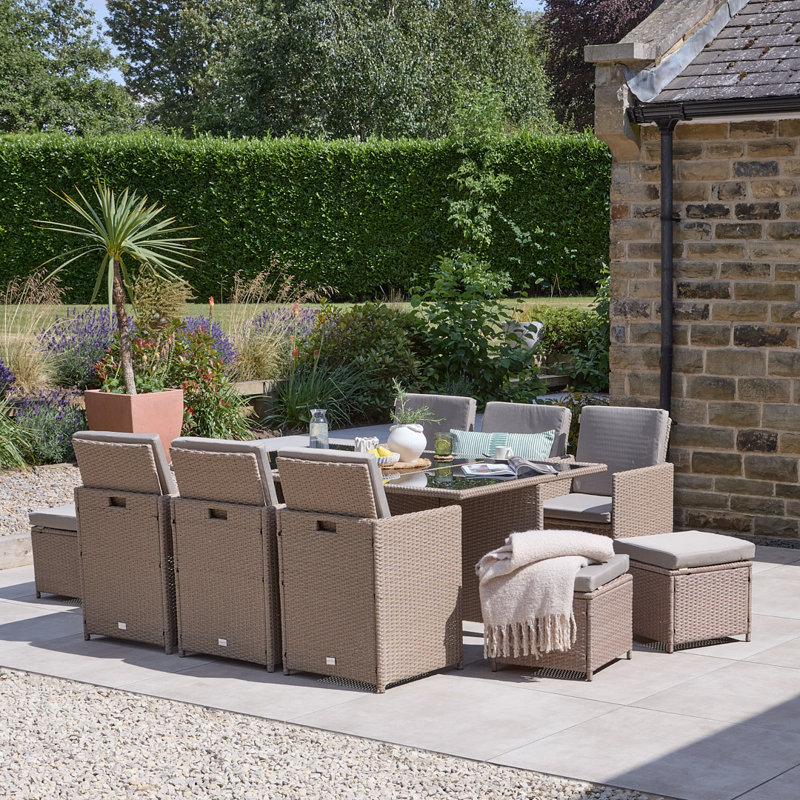 Allexia 10 - Person Wicker Patio Dining Set with Rectangular Table , Cushions Included, Brown, Grey