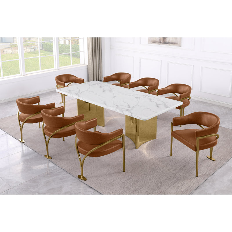Ensemble de salle à manger en marbre blanc Grand avec chaises d'appoint Leathaire, 9 pièces : table, 8 chaises, Caramel