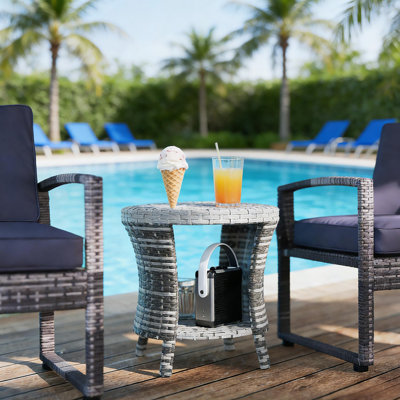 Side Table, Wicker Outdoor Small Coffee Table With Shelf