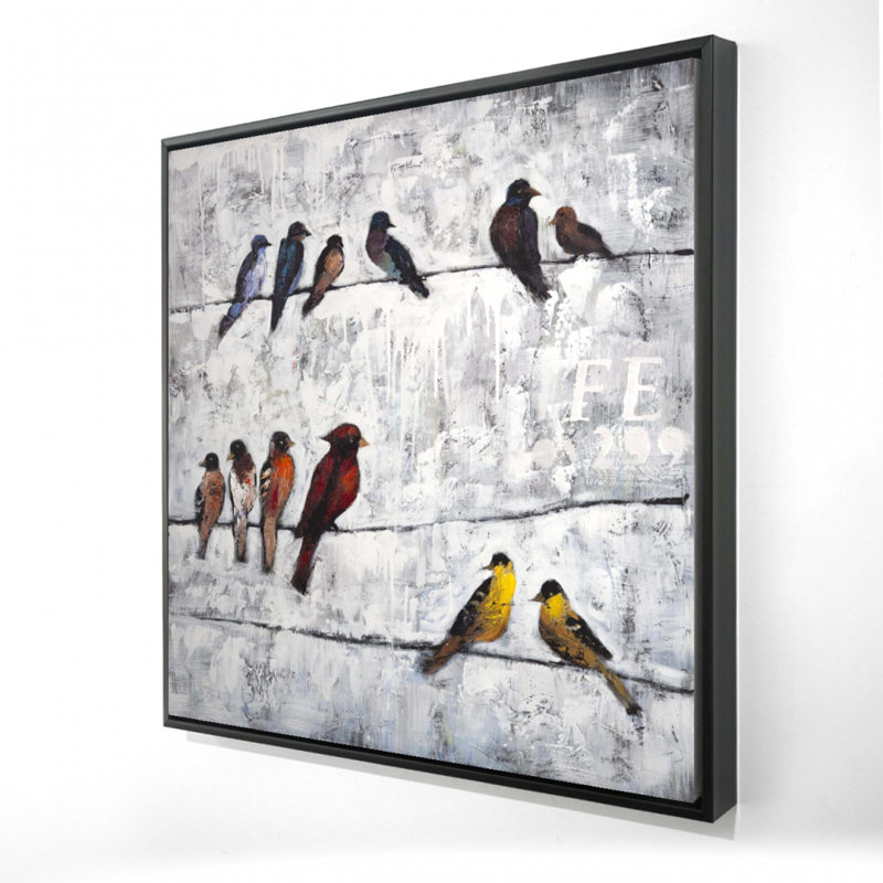 Colorful Birds On Branches Print On Canvas, 36" H x 36" W, Black Framed Canvas
