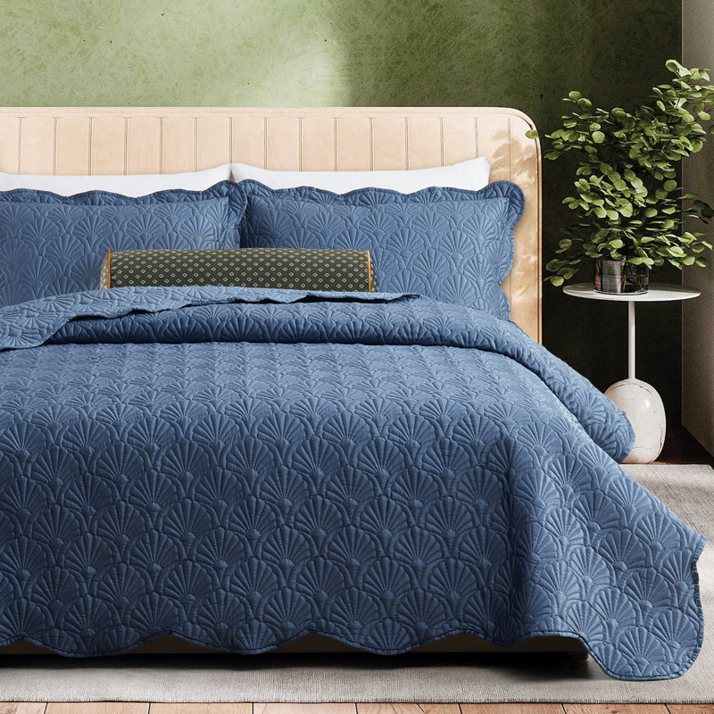 Ted Baker Deco Shell Quilt Set, Queen Quilt + 2 Standard Shams, Sapphire Blue