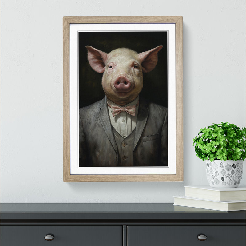 Pig Contemporary - Single Picture Frame Print on Wood, Oak, 64cm H x 46cm W x 2cm D