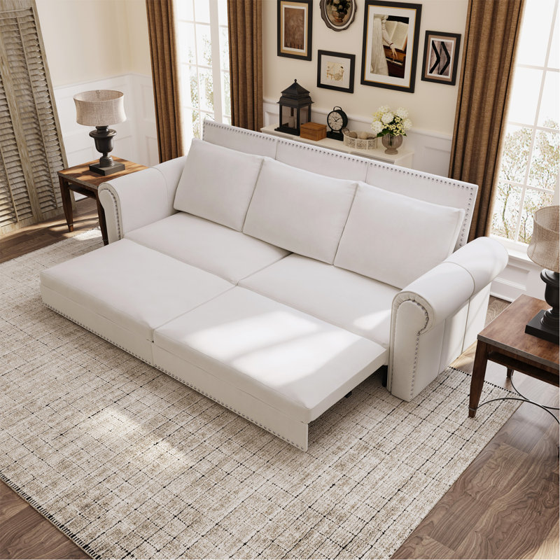Canapé Chesterfield, canapé-lit gigogne de 93,7 po, canapé-lit convertible en velours 3 en 1 avec garniture cloutée et accoudoirs roulés, canapé-lit multifonctionnel pour le salon, la chambre à coucher, beige / blanc