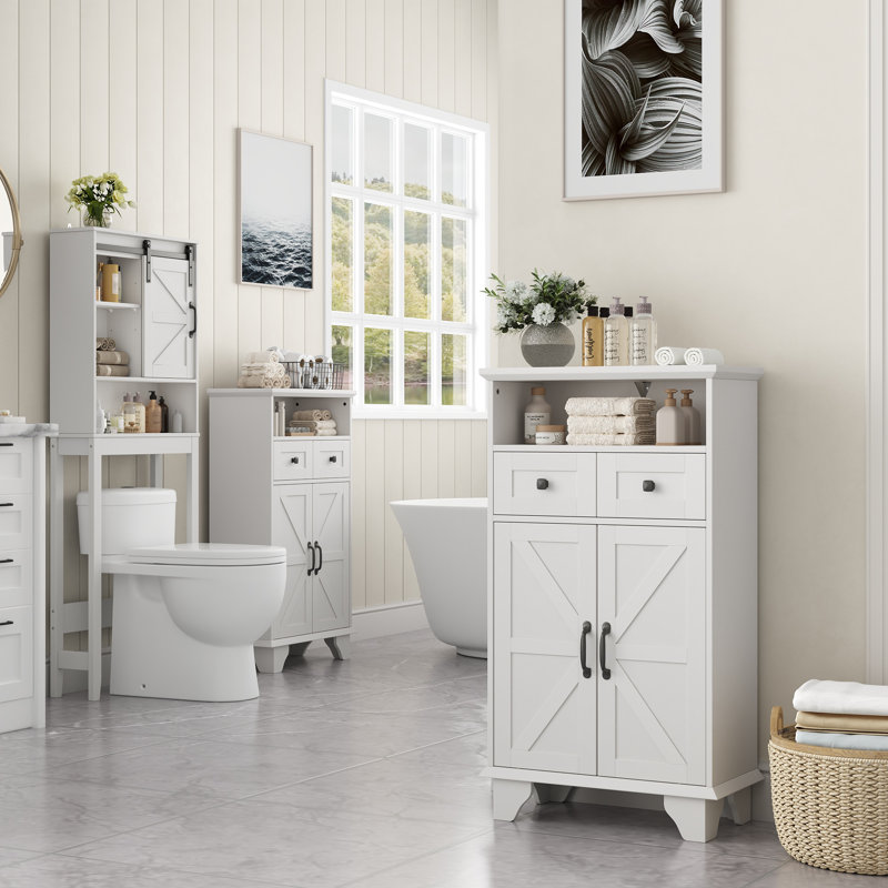 3-piece Farmhouse Bathroom Storage Cabinet Set,  White Linen Organizer With Drawers & Barn Door, For Bathroom Living Room
