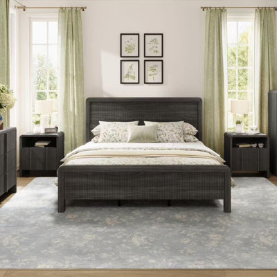 Queen Black Wood Platform Bed with Slatted Headboard and Natural Finish