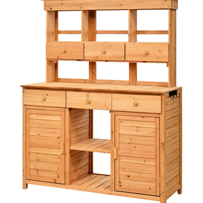 Tall Garden Workstation - 65.7'' H Potting Bench With Storage, Fir Wood, 6 Drawers, 2 Cabinets, 3 Shelves, Side Hooks, Ergonomic Design For Patio, , Greenhouse, Kitchen Use Organizing Adjustable ,