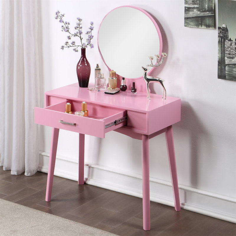 Maly Contemporary Wood Vanity And Stool Set, Pink