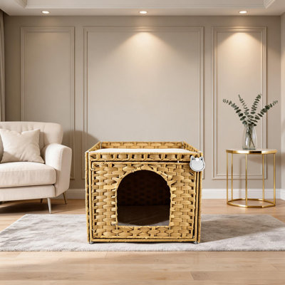 20.5"L x 18.5"W x 19.1"H Hand-Woven PE Rattan Cat Bed with Cushion and Soft Pad, Hidden Litter Box Enclosure with Metal Frame, Indoor Cat House Furniture for Living Room Bedroom, Wood Grain