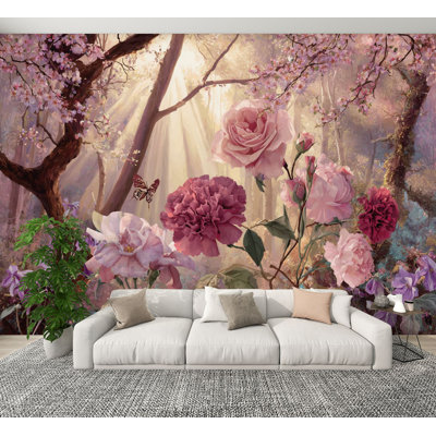 Boho Peel and Stick Wallpaper Romantic Spring Floral Watercolor Art Roses Cherry Blossoms Wall Murals 100"H x 144"W Removable PVC Wall Paper Self-Adhesive Wall Decor for Bedroom Living Room Nursery