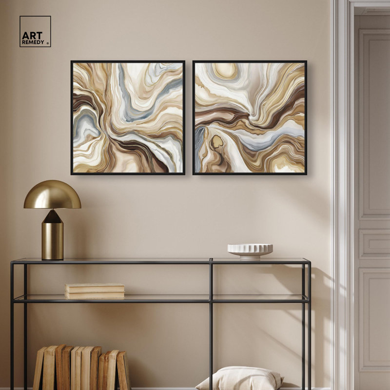 Viscous Flow Diptych Canvas Print Gold Boho Wall Art Set by Art Remedy, Black Frame, 12 x 12, 21" H x 21" W, Black Frame