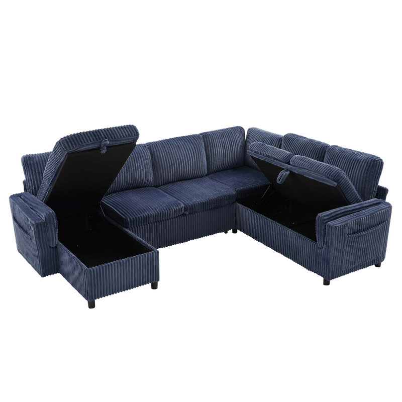 Canapé-lit modulaire convertible avec rangement double et chargement USB, Velours côtelé bleu