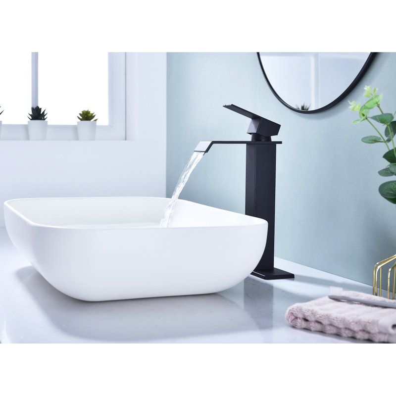 Robinet de lavabo de salle de bain à poignée simple avec bonde escamotable Waterfall, Noir mat