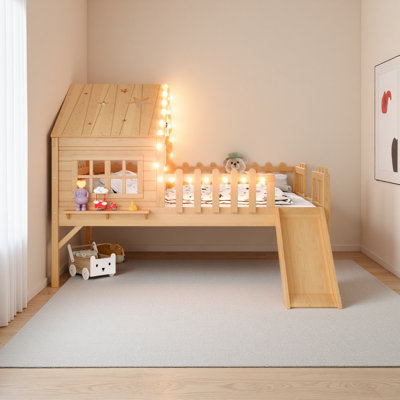 House Loft Bed With Slide,Playhouse Bed With Star Moon-Shaped Designs And Window, Chic Design With LED Lights,No Box Spring Needed