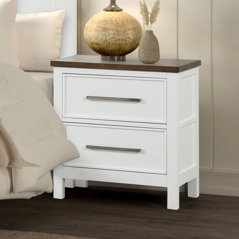 Table de chevet 2 tiroirs Giordani, Blanc / Brun foncé