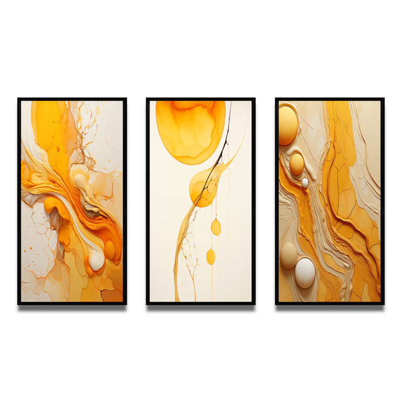 Undefined Continuation Liquid Waves Yellow - Abstract Shapes Art Set Of 3 Pieces, Cadre flottant noir, H 40 po x l 60 po