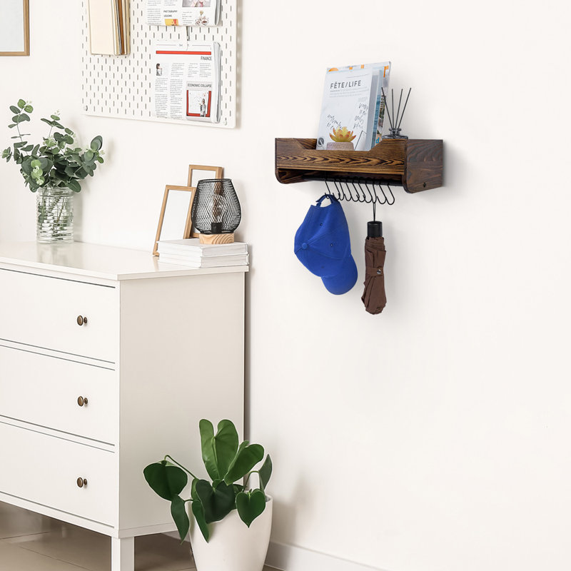 Wall Mounted Floating Shelf with 10 Hat Hooks