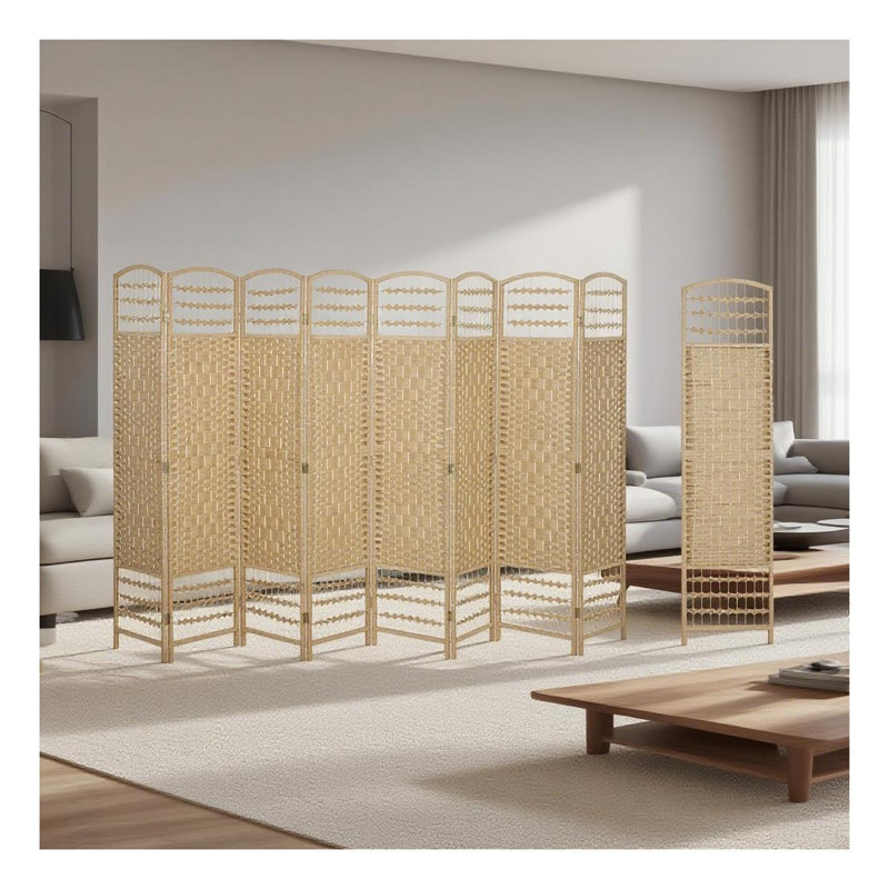 Paravent 8 panneaux pliable avec cadre en bois d'acacia et bambou naturel