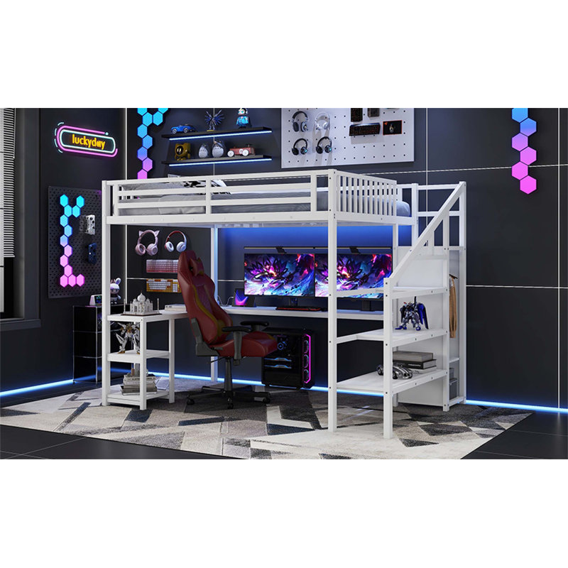 Versatile Loft Bed with Integrated Wardrobe, Desk, USB Charging, and LED Lighting for Kids, Teens, and Adults