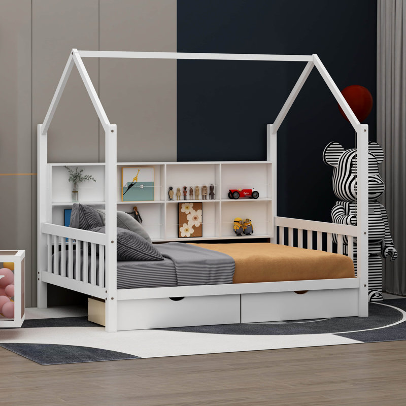 Antiope Kids Bed with Storage Shelf, White, Full 