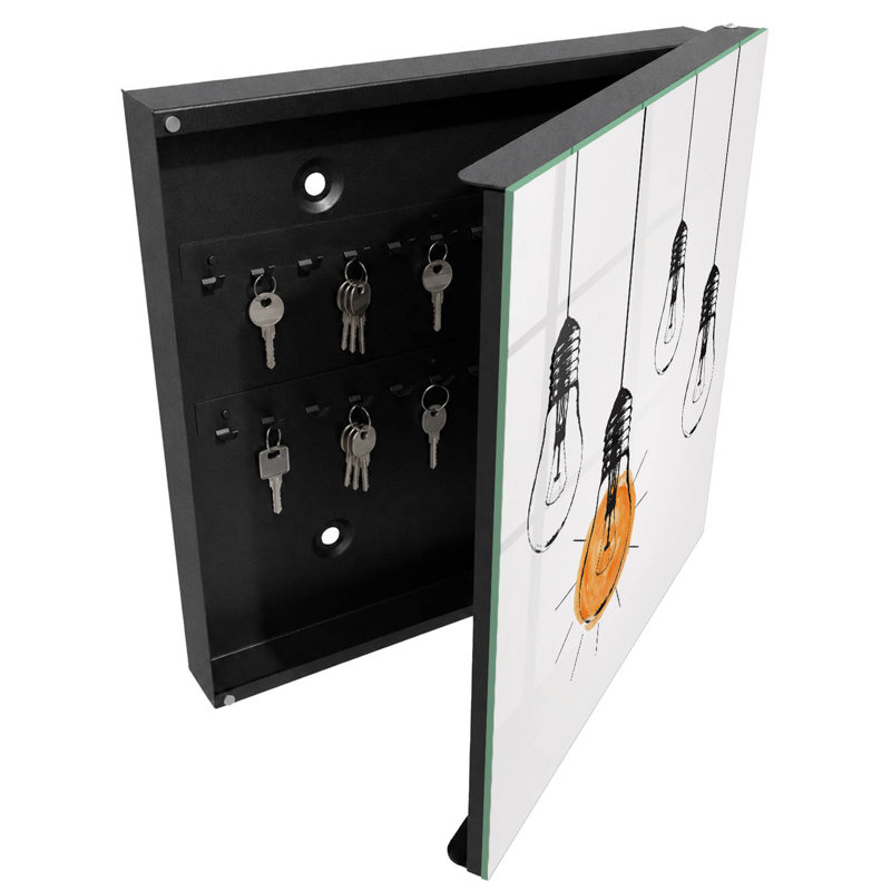 Decorative key box for wall, Opens to the right, 30x30x5, Black, Four bulbs emphasize creativity and simplicity, 