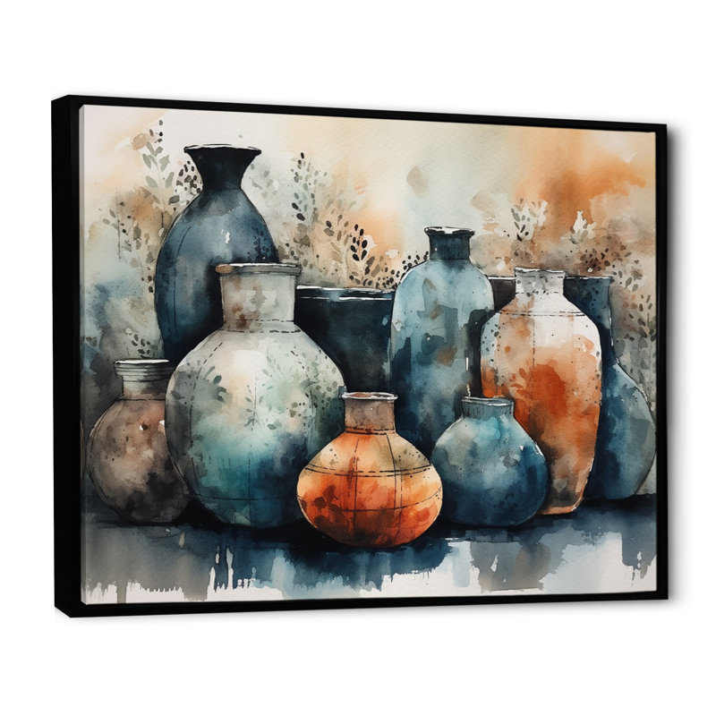 Art mural bleu et orange Kamani - art mural Boho Pottery II, H 30 po x l 40 po x P 1,5 po, Cadre flottant noir