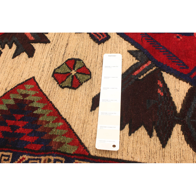 Tapis décoratif en laine de conception unique 4 pi 3 po x 5 pi 11 po CATI noué à la main New Age beige/rouge/bleu