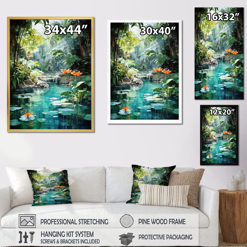 Beant Emerald Oasis A Lush Green Landscape - Forest River Mountains, art mural encadré, H 32 po x l 24 po x P 1 po