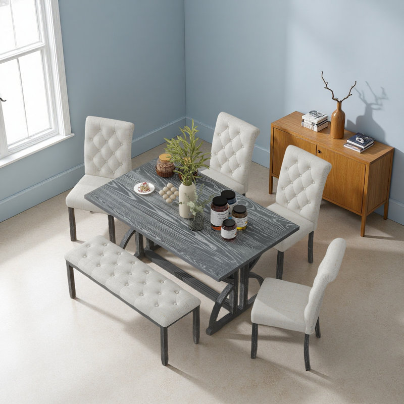 6-Piece Retro Rectangular Dining Table Set, Table With Unique Legs And 4 Upholstered Chairs & 1 Bench, Grey