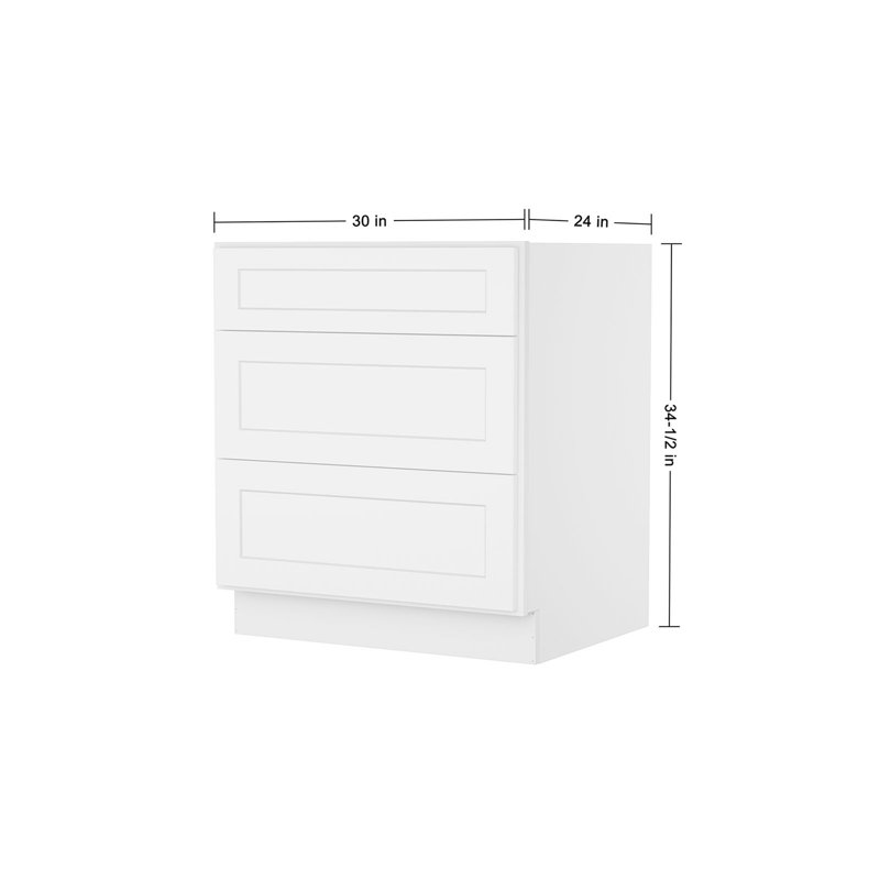 Shaker White Solid Wood 3-Drawer Base Kitchen Cabinet