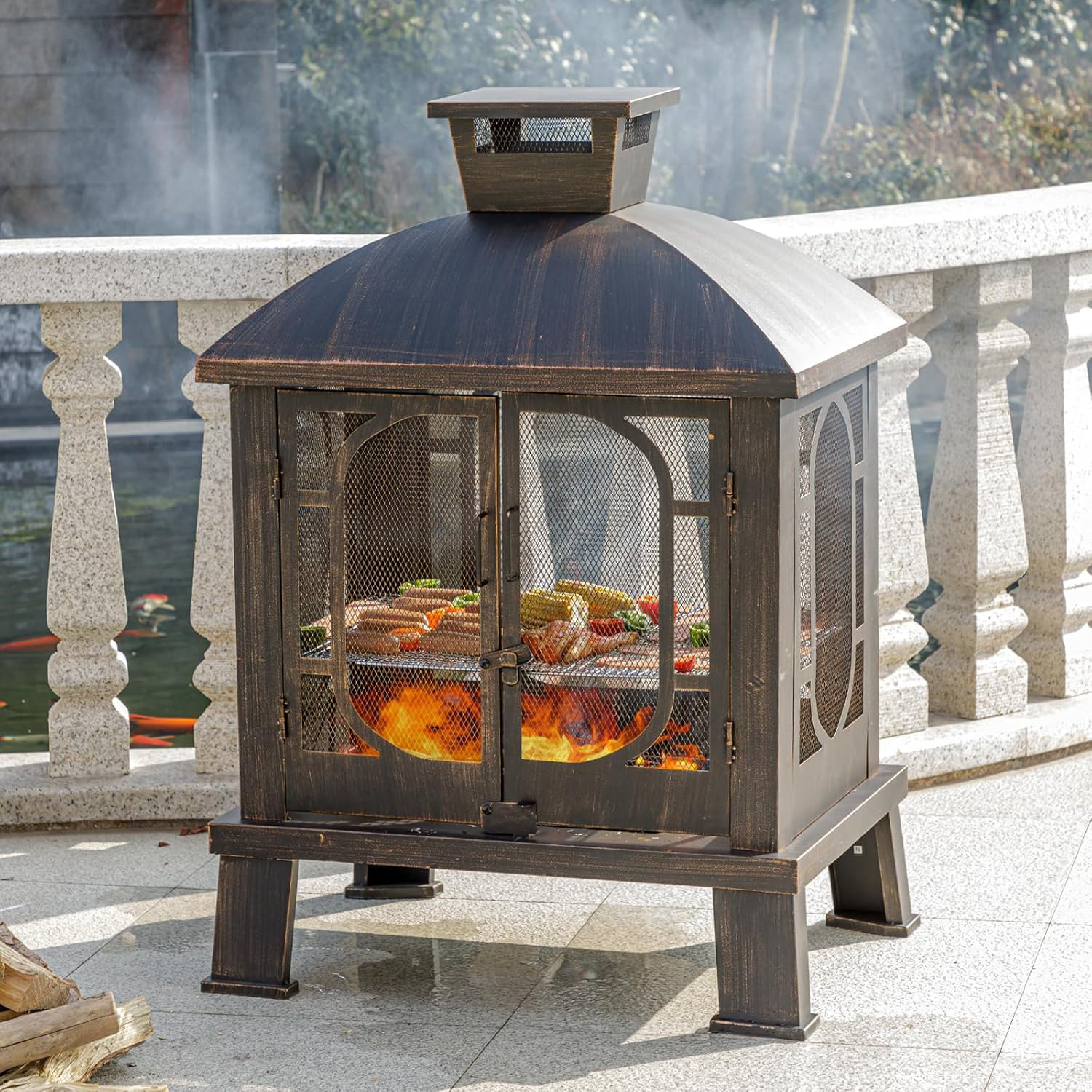 Red Barrel Studio® 45" H×31''W Metal Chiminea Fire Pit with Grill, Wood ...