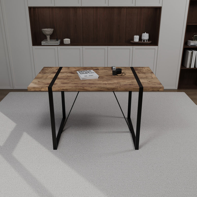 Table de cuisine/salon pour 4 à 6 personnes, plateau rectangulaire de 140 cm en bois foncé de 3,8 cm d'épaisseur, pieds en métal noir, style moderne, rustique et industriel.