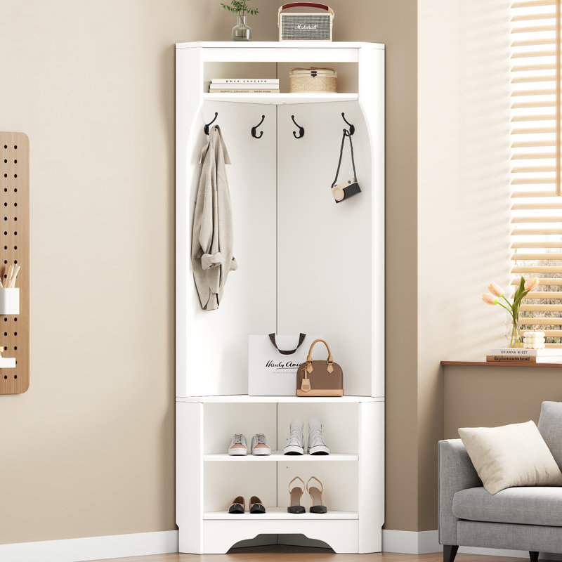 Minimalist Corner Hall Tree with Shoe Bench, White