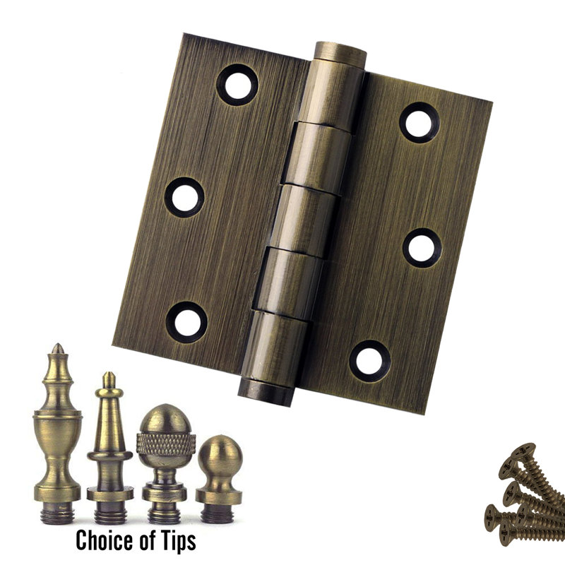 3 X 3 Solid Brass Architectural Hinge With Acorn Tips, Antique Brass