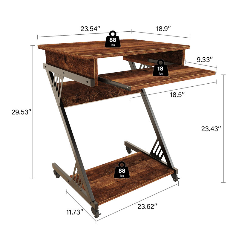 23.6" Z-Shaped Computer Desk with Keyboard Tray and Wheels, Compact Study Table for Small Spaces, Brown/Black
