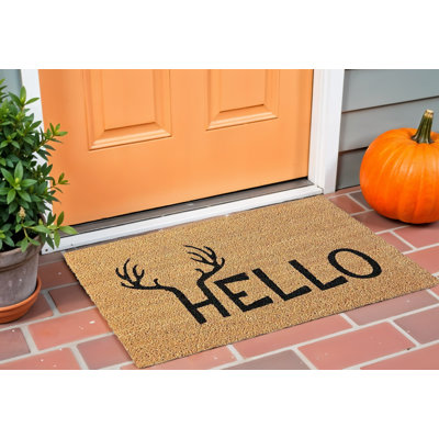 24" X 36" Natural Hello With Antlers Outdoor Coir Door Mat