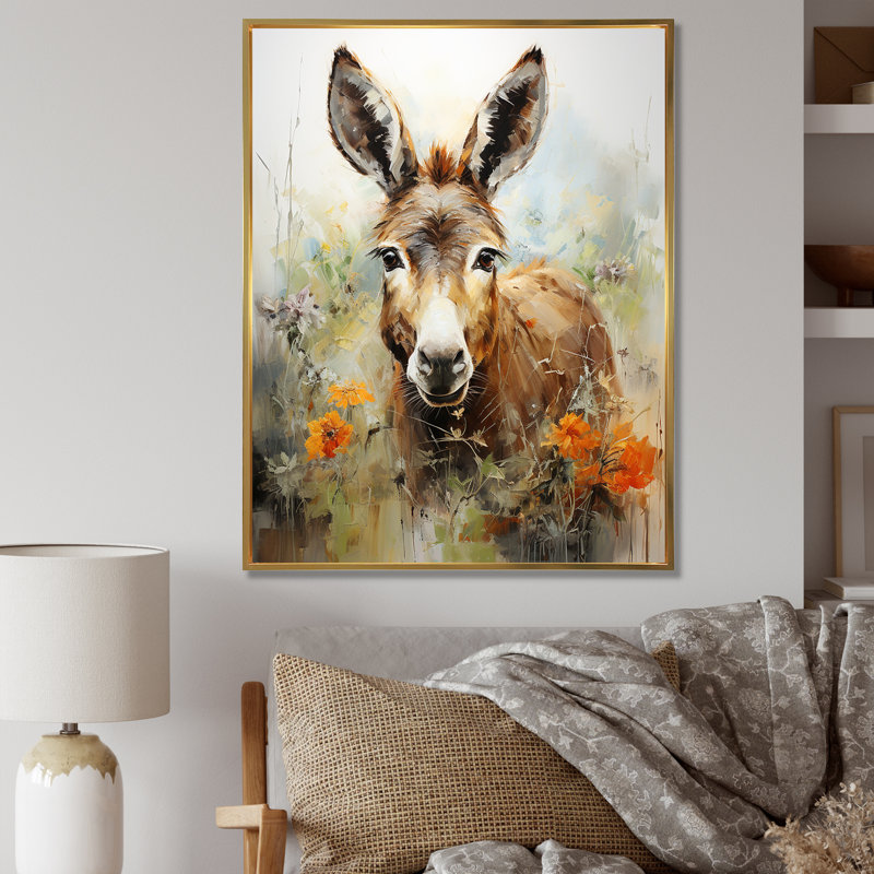 Donkey Flower Meadow - âne, art mural, H 44 po x l 34 po x P 1,5 po, Cadre flottant doré