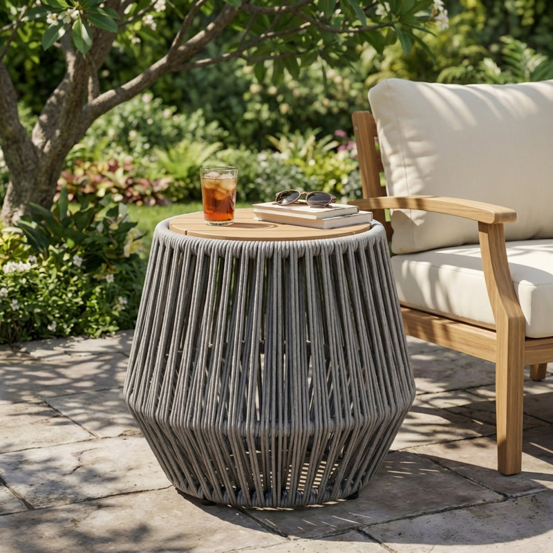 Table d'appoint durable et résistante aux intempéries avec plateau en bois massif et base tissée à la main, pièce polyvalente polyvalente