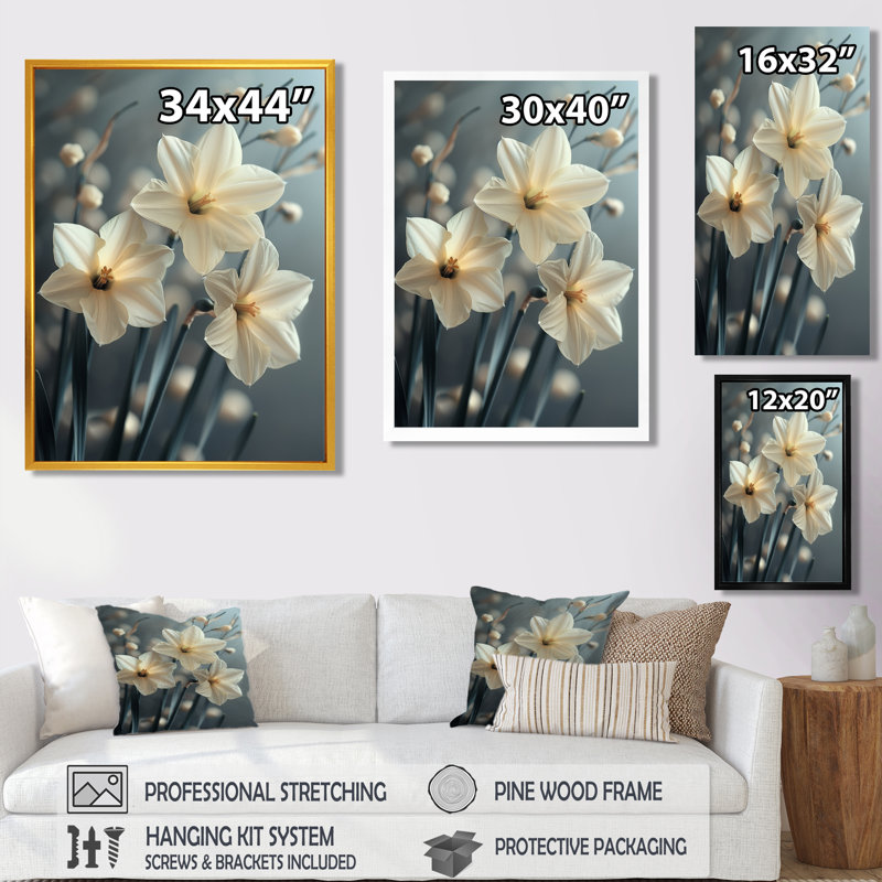 Jonquilles monochromes grises et blanches Photo I - Décoration murale jonquilles, Encadrement argenté, H 16 po x l 32 po